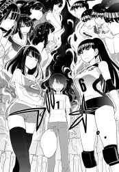 Rule 34 | 3girls, breasts, cleavage, ebino mei, hatsukoi zombie, highres, large breasts, long hair, monochrome, multiple girls, official art, ponytail, shirt, short hair, shorts, sleeveless, sleeveless shirt, sportswear, thick eyebrows, thighhighs, thighs, volleyball uniform