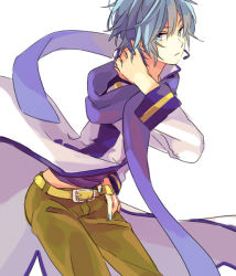 Rule 34 | 1boy, :|, akiyoshi (tama-pete), belt, blue eyes, blue hair, blue nails, blue neckwear, brown pants, closed mouth, clothes lift, coat, cowboy shot, expressionless, fingernails, frown, hand in own hair, headset, kaito (vocaloid), looking away, male focus, nail polish, pants, scarf, short hair, simple background, solo, upper body, vocaloid, white background