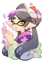 Rule 34 | 1girl, :d, black hair, bow-shaped hair, callie (splatoon), commentary, earrings, english commentary, flag hair ornament, flower, food, food on head, hair ornament, hair stick, heart, hirafumi, hoop earrings, inkling, jewelry, long hair, looking at viewer, mole, mole under eye, nintendo, object on head, one eye closed, open mouth, pink flower, pointy ears, simple background, smile, solo, splatoon (series), star-shaped pupils, star (symbol), sushi, symbol-shaped pupils, teeth, tentacle hair, thick eyebrows, upper body, white background