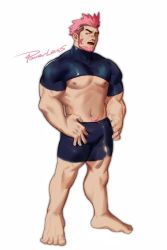 Rule 34 | 1boy, bara, bare pectorals, beard, black shorts, brown eyes, bulge, chest harness, facial hair, full body, harness, large pectorals, male focus, mohawk, muscular, muscular male, navel, navel hair, nipples, open mouth, original, pectorals, pink hair, powerlesssong, shirt, short hair, shorts, shrug (clothing), skin tight, solo, stomach, thick eyebrows, thick thighs, thighs, tight shirt, torn clothes, torn shorts, white background