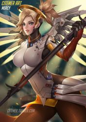 Rule 34 | 1girl, blonde hair, breasts, citemer, cowboy shot, eyelashes, green eyes, halo, holding, holding staff, large breasts, lips, looking at viewer, mechanical halo, mechanical wings, mercy (overwatch), nose, overwatch, overwatch 1, pantyhose, parted lips, solo, spread wings, staff, watermark, web address, wings, yellow wings