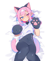 Rule 34 | 1boy, animal ears, animal hands, blue eyes, blush, bright pupils, claws, clenched hand, closed mouth, covered navel, cowboy shot, dot nose, fake animal ears, gloves, hair between eyes, head tilt, heterochromia, highres, hood, hoodie, knees together feet apart, looking at viewer, lying, male focus, medium hair, on back, original, paw gloves, paw pose, pink eyes, pink hair, pink tail, raito-kun (uenomigi), short sleeves, solo, sweat, tail, thick thighs, thighs, tsurime, uenomigi, variant set, white background, white hoodie, white pupils