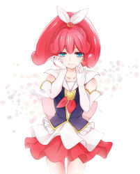 Rule 34 | 10s, 1girl, blue eyes, brooch, cure mirage, elbow gloves, gloves, hair ribbon, happinesscharge precure!, heart, heart brooch, highres, jewelry, magical girl, pink hair, popped collar, precure, queen mirage, red skirt, ribbon, shipu (gassyumaron), short hair, skirt, solo, spoilers, standing, tears, white gloves