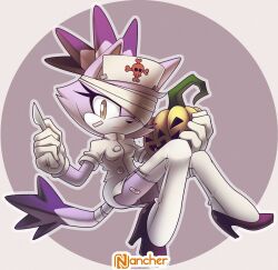 Rule 34 | 1girl, animal ears, bandages, blaze the cat, cat ears, cat girl, cat tail, eyelashes, furry, furry female, gloves, halloween costume, high heels, highres, holding, holding knife, knife, looking at viewer, nancher, nurse, one eye covered, panties, pumpkin, purple footwear, sonic (series), tail, thighhighs, underwear, white gloves, white thighhighs, yellow eyes