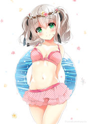 Rule 34 | 1girl, arms behind back, bare arms, bare shoulders, bikini, bikini skirt, blush, bow, bow bikini, breasts, closed mouth, collarbone, cowboy shot, flower, flower wreath, frilled bikini, frills, grey hair, groin, hair between eyes, highres, innertube, legs together, looking at viewer, medium breasts, navel, original, petals, pink bikini, pink bow, pink skirt, polka dot, polka dot bikini, polka dot skirt, sasakuma kyouta, short hair, simple background, skirt, smile, solo, standing, stomach, swim ring, swimsuit, thigh gap, twintails, twitter username, white background