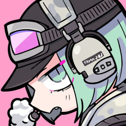 Rule 34 | 1girl, aqua eyes, black hat, black jacket, blush stickers, character request, commentary request, ela (rainbow six siege), from side, goggles, goggles on headwear, grey-framed eyewear, hat, headphones over headwear, headpiece, jacket, looking at viewer, lowres, open mouth, peaked cap, pink-framed eyewear, pink background, portrait, rainbow six siege, shirt, short hair, simple background, solo, teeth, terada tera, white headphones, white shirt