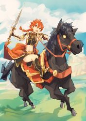 Rule 34 | 1boy, alexander (fate), blue sky, boots, braid, bucephalus (fate), cape, day, fate/grand order, fate (series), geetgeet, horse, horseback riding, long hair, male focus, midriff, navel, red eyes, red hair, riding, sky, solo, sword, weapon