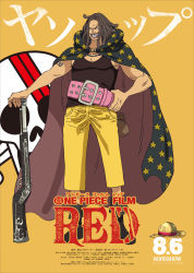Rule 34 | 1boy, character name, dated, facial hair, full body, grin, highres, holding, holding weapon, jolly roger, looking at viewer, manly, muscular, oda eiichirou, official art, one piece, one piece film: red, pectorals, poster (object), short hair, shoulder tattoo, simple background, smile, solo, standing, tattoo, title, translation request, weapon, yasopp