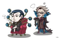 Rule 34 | 2boys, annoyed, armchair, ascot, bad id, bad pixiv id, black hair, blue eyes, bow, bowtie, cape, chair, crossed legs, facial hair, fate/grand order, fate (series), glasses, green eyes, grey hair, gupaon, highres, holding, holding clothes, james moriarty (archer) (fate), magnifying glass, male focus, multiple boys, mustache, no pants, riyo (lyomsnpmp) (style), sherlock holmes (fate), smoking pipe