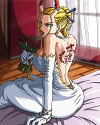 Rule 34 | 1girl, alternate costume, bare shoulders, bbdbg03, black maria (one piece), blonde hair, blue eyes, bouquet, breasts, bride, female focus, flower, highres, horns, large breasts, marriage, mature female, one piece, rose, solo, tattoo