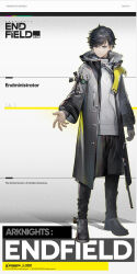 Rule 34 | 1boy, arknights, arknights: endfield, black footwear, black hair, black pants, blue eyes, character name, closed mouth, coat, commentary, copyright name, endministrator (arknights), english commentary, eyeshadow, full body, grey coat, highres, hood, hood down, hooded coat, long sleeves, looking at viewer, makeup, male endministrator (arknights), male focus, official art, open clothes, open coat, pants, red eyeshadow, shoes, short hair, solo, spiked hair, standing