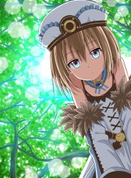 Rule 34 | 10s, 1girl, bare shoulders, bent over, blanc (neptunia), blue eyes, brown hair, forest, hat, leaning forward, looking at viewer, nature, neptune (series), oekakizuki, short hair, solo