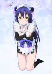 Rule 34 | 10s, 1girl, alternate hairstyle, apron, black socks, blue hair, blush, bra, breasts, brown eyes, covering privates, covering chest, double bun, embarrassed, hair bun, kneehighs, kneeling, kuri youkan, long hair, looking at viewer, love live!, love live! school idol festival, love live! school idol project, maid, maid apron, no shoes, small breasts, socks, solo, sonoda umi, underwear, wavy mouth