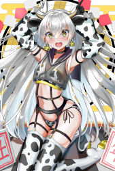 Rule 34 | 1girl, absurdres, alternate costume, alternate hairstyle, amatsukaze (kancolle), animal ears, animal print, arms up, asymmetrical gloves, bikini, black gloves, blush, breasts, chinese zodiac, cleavage, cow ears, cow horns, cow print, cow tail, detached sleeves, ear tag, fang, garter belt, garter straps, gloves, hair between eyes, hair down, high heels, highres, horns, kantai collection, kotoba suzu, long hair, long sleeves, mismatched gloves, navel, new year, open mouth, sailor collar, see-through, side-tie bikini bottom, silver hair, small breasts, solo, squatting, sweat, swimsuit, tail, thighhighs, white gloves, year of the ox, yellow eyes
