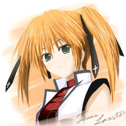 Rule 34 | 00s, 1girl, bare shoulders, blonde hair, closed mouth, cross print, green eyes, hair ribbon, looking at viewer, lyrical nanoha, mahou shoujo lyrical nanoha, mahou shoujo lyrical nanoha strikers, ogata, ribbon, sleeveless, smile, solo, teana lanster, twintails, upper body, vest
