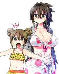 Rule 34 | 2girls, bikini, black hair, blush, breasts, brown eyes, brown hair, cleavage, fang, flat chest, front-tie top, highres, jacket, kagami ryouko, kanayama nao, large breasts, looking at viewer, multiple girls, navel, open mouth, original, outstretched arms, sarong, short hair, simple background, swimsuit, white background, yoshida hideyuki