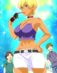 Rule 34 | 10s, 1girl, 2boys, bare shoulders, belt, blonde hair, breasts, choker, gradient background, green eyes, hand on own hip, highres, large breasts, mito ikumi, multiple boys, navel, revealing clothes, screencap, shokugeki no souma, short hair, standing, stitched, sunglasses, sunglasses removed, third-party edit