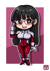 Rule 34 | 1girl, animification, black hair, bodysuit, border, breasts, bright pupils, chibi, cosplay, glasses, gloves, grey gloves, gundam, gundam seed, gundam seed destiny, hair behind ear, highres, long hair, lunamaria hawke, lunamaria hawke (cosplay), medium breasts, normal suit, pilot suit, purple background, real life, red bodysuit, salute, shadow, shinonome umi, smile, solo, tomo shimomu, very long hair, white border, white pupils
