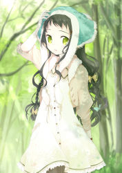 Rule 34 | 1girl, black hair, bonnet, bow, forest, green eyes, green theme, hair bow, long hair, miyoshino, nature, original, solo