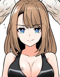 1girl blue_eyes breasts brown_hair cleavage eunie_(xenoblade) head_wings highres looking_at_viewer medium_hair nintendo smile solo swept_bangs tavi_(hosheezus) upper_body white_background wings xenoblade_chronicles_(series) xenoblade_chronicles_3