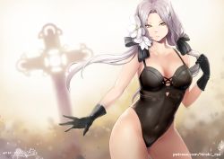 Rule 34 | 1girl, aug (girls&#039; frontline), black gloves, black leotard, blurry, blurry background, bokeh, breasts, closed mouth, collarbone, covered navel, cross, depth of field, expressionless, flower, girls&#039; frontline, gloves, hair between eyes, hair flower, hair ornament, hair ribbon, hairclip, hand up, hiroki ree, large breasts, leotard, long hair, looking at viewer, low twintails, mole, mole under eye, orange eyes, patreon username, ribbon, sidelocks, signature, twintails