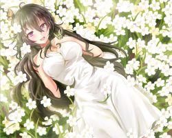 Rule 34 | 1girl, ahoge, antenna hair, bad id, bad pixiv id, bare shoulders, beifeng han, black hair, breasts, bug, butterfly, butterfly on hand, butterfly on head, cleavage, dress, female focus, field, flower, flower field, hair between eyes, hands on own chest, bug, large breasts, long hair, looking at viewer, lying, miyaura sanshio, on back, on ground, open mouth, original, purple eyes, revision, sleeveless, sleeveless dress, solo, sundress, very long hair, wavy hair, white dress