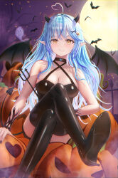 1girl absurdres ahoge bare_shoulders bat_(animal) black_dress black_footwear blue_hair boots breasts cleavage crossed_legs demon_girl demon_horns demon_wings dress full_moon halloween heart heart_ahoge high_heel_boots high_heels highres hololive horns large_breasts long_hair moon multicolored_hair night outdoors pink_hair pointy_ears pumpkin sitting solo thigh_boots two-tone_hair virtual_youtuber wajuniorbox wings yellow_eyes yukihana_lamy