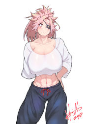 Rule 34 | 1girl, abs, alternate costume, amputee, arc system works, baiken, breasts, cleavage, collarbone, commentary, contrapposto, eyepatch, facial tattoo, guilty gear, guilty gear xrd, hand on own hip, highres, hori shin, large breasts, muscular, muscular female, navel, one-eyed, pants, pink hair, scar, scar across eye, scar on face, shirt, signature, solo, standing, sweatpants, tattoo, white shirt