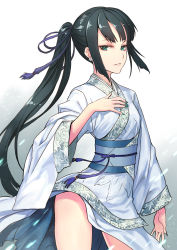 Rule 34 | 1girl, black hair, blue ribbon, breasts, chinese clothes, earrings, fate/grand order, fate (series), fingernails, flower earrings, gradient background, green eyes, green nails, hair ribbon, hand on own chest, hanfu, highres, japanese clothes, jewelry, jing ke (fate), kimono, long fingernails, long hair, looking at viewer, nail polish, ninnin (shishitou), obi, parted lips, ponytail, ribbon, sash, short kimono, side ponytail, sidelocks, small breasts, solo, thighs, white kimono, wide sleeves