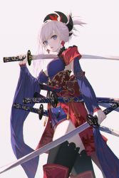Rule 34 | 1girl, asymmetrical hair, bad id, bad twitter id, black thighhighs, blue eyes, blue kimono, clothing cutout, detached sleeves, dual wielding, earrings, expressionless, fate/grand order, fate (series), feet out of frame, hair ornament, hiera12, highres, holding, holding sword, holding weapon, japanese clothes, jewelry, katana, kimono, leaf print, looking at viewer, maple leaf print, miyamoto musashi (fate), miyamoto musashi (third ascension) (fate), navel cutout, obi, pink hair, ponytail, sandals, sash, sheath, sheathed, sleeveless, sleeveless kimono, solo, sword, thighhighs, weapon, wide sleeves
