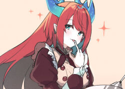 Rule 34 | 1girl, apron, blue eyes, bowl, dragon girl, dragon horns, duel monster, frilled apron, frills, holding, holding bowl, horns, juliet sleeves, kitchen dragonmaid, licking, licking finger, long hair, long sleeves, pointy ears, puffy sleeves, red hair, sketch, solo, tongue, tongue out, whisk, yu-gi-oh!, yun (yunjirou)