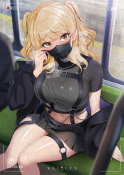 Rule 34 | 1girl, absurdres, battery indicator, black jacket, black mask, black panties, black shirt, black skirt, blonde hair, blush, breasts, breath, brown eyes, chain, chest harness, crop top, cropped shirt, crosshair, gegegeteikoku, harness, highres, jacket, large breasts, leather belt, long hair, looking at viewer, mask, miniskirt, mouth mask, navel, nijisanji, o-ring, o-ring thigh strap, official alternate costume, official alternate hairstyle, open clothes, open jacket, panties, pleated skirt, recording, shirt, short sleeves, silver choker, sister claire, sister claire (9th costume), sitting, skirt, solo focus, thigh strap, thighs, train interior, two side up, underwear, virtual youtuber, window