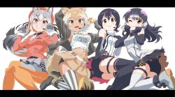 Rule 34 | 1girl, 4girls, african penguin (kemono friends), american flag, animal ears, asymmetrical legwear, bare shoulders, beige skirt, belt, bike shorts under skirt, black gloves, black hair, black jacket, black pantyhose, black shirt, black skirt, blonde hair, blush, choker, claw pose, collared shirt, commentary request, coyote (kemono friends), elbow gloves, extra ears, fox ears, fox girl, fox tail, fur trim, garter straps, gloves, grey gloves, grey hair, grey skirt, grey thighhighs, headphones, high collar, highres, humboldt penguin (kemono friends), island fox (kemono friends), jacket, kemono friends, kemono friends v project, long sleeves, looking at viewer, microphone, midriff, multicolored hair, multiple girls, navel, necktie, official alternate costume, one eye closed, open clothes, open jacket, orange hair, orange jacket, orange pantyhose, pantyhose, penguin girl, penguin tail, pink hair, pleated skirt, purple hair, shirt, short hair, skirt, sleeveless, spaghetti strap, streaked hair, striped clothes, striped thighhighs, sweater, tail, thighhighs, twintails, two-tone hair, two-tone legwear, vertical-striped clothes, vertical-striped thighhighs, virtual youtuber, white belt, white choker, white fur, white hair, white necktie, white shirt, white sweater, white thighhighs, wolf ears, wolf tail, yamaguchi yoshimi, yellow eyes, yellow thighhighs, zettai ryouiki