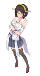 Rule 34 | 10s, 1girl, :/, blush, breasts, brown hair, contrapposto, crossed arms, detached sleeves, from above, glasses, headgear, intirami, kantai collection, kirishima (kancolle), no legwear, nontraditional miko, short hair, skirt, solo, standing, thighhighs, white background, wide sleeves