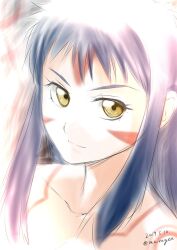 Rule 34 | 1girl, bare shoulders, blue hair, bodypaint, closed mouth, collarbone, dated, long hair, looking at viewer, maira gen, neo ranga, shimabara yuuhi, smile, solo, tribal, yellow eyes
