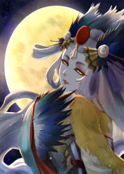 Rule 34 | 1girl, absurdres, aoandon, bad id, bad pixiv id, dorain (duyu), feather hair ornament, feathers, hair ornament, hair rings, half-closed eyes, highres, long hair, looking at viewer, moon, moonlight, onmyoji, open mouth, pale skin, solo, standing, very long hair, white hair, yellow eyes