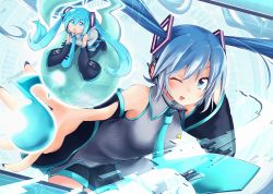 Rule 34 | 1girl, ;p, akino coto, aqua eyes, aqua hair, aqua necktie, black thighhighs, blush, blush stickers, boots, detached sleeves, dual persona, hatsune miku, headset, long hair, looking at viewer, mini person, minigirl, musical note, necktie, one eye closed, skirt, solo, thigh boots, thighhighs, tongue, tongue out, twintails, very long hair, vocaloid