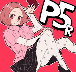 Rule 34 | 1girl, acronym, blush, brown eyes, brown hair, commentary request, do m kaeru, floral print, holding, layered sleeves, long sleeves, okumura haru, pantyhose, persona, persona 5, persona 5 the royal, pink sweater, plaid, plaid skirt, print pantyhose, ribbed sweater, school uniform, short-sleeved sweater, short over long sleeves, short sleeves, shuujin academy school uniform, skirt, solo, sweater, twitter username, white pantyhose