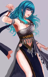 Rule 34 | 1girl, absurdres, armlet, armpits, blue eyes, blue hair, breasts, byleth (female) (fire emblem), byleth (fire emblem), cleavage, dancer, dancer (fire emblem: three houses), dress, fire emblem, fire emblem: three houses, floating hair, grey background, groin, hair between eyes, highres, jack (kairuhaido), long hair, looking at viewer, medium breasts, nintendo, open mouth, simple background, single-shoulder dress, sketch, solo, standing