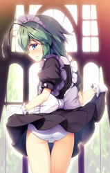 Rule 34 | 1girl, alternate costume, antennae, apron, ass, black dress, blue eyes, bow, cameltoe, chima q, clothes lift, commentary request, dress, enmaided, from behind, frown, gloves, green hair, highres, indoors, lifted by self, looking back, maid, maid apron, maid headdress, panties, short hair, skirt, skirt lift, solo, tears, thighs, touhou, tree, underwear, white apron, white bow, white gloves, white panties, window, wriggle nightbug