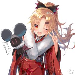 Rule 34 | 1girl, ;d, akatsuki uni, animal print, bat print, bettle (b s a n), blonde hair, fangs, fur trim, furisode, hair ornament, hairclip, highres, japanese clothes, jewelry, kimono, long hair, looking at viewer, necklace, new year, one eye closed, open mouth, parted bangs, red eyes, simple background, smile, solo, uni create, v, very long hair, virtual youtuber, white background, wide sleeves