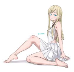Rule 34 | 1girl, absurdres, aqua eyes, bad id, bad pixiv id, barefoot, blonde hair, clothing cutout, feet, female focus, gigi andalusia, gundam hathaway&#039;s flash, highres, long hair, looking at viewer, parted lips, side cutout, simple background, skirt, solo, toes, tsukimaru (ls 99ml), white background