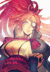 Rule 34 | 1girl, amputee, baiken, breasts, cleavage, facial tattoo, guilty gear, guilty gear xrd, jacket, jacket on shoulders, japanese clothes, kimono, large breasts, lips, long hair, obi, one-eyed, open clothes, open kimono, pink eyes, pink hair, ponytail, popped collar, sash, scar, scar across eye, scar on face, solo, tattoo, yohane shimizu
