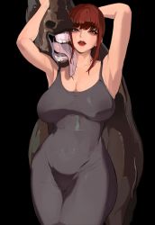 Rule 34 | 1girl, animal, armpits, arms up, bestiality, black background, breasts, chainsaw man, cleavage, highres, horse, licking, looking at viewer, makima (chainsaw man), mamimi (mamamimi), red eyes, red hair, simple background, skin tight, tongue, tongue out