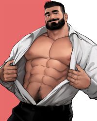 Rule 34 | 1boy, abs, absurdres, bara, bare pectorals, beard, black pants, cowboy shot, dopey (dopq), facial hair, highres, large pectorals, looking at viewer, male focus, mature male, muscular, muscular male, navel, navel hair, nipples, open clothes, open shirt, original, pants, pectorals, shirt, short hair, smile, solo, stomach, thick eyebrows, undressing, white shirt