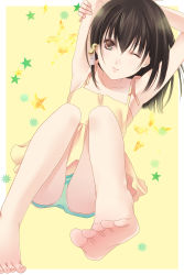 Rule 34 | 1boy, armpits, barefoot, brown eyes, brown hair, dress, feet, foreshortening, fuuchouin kazuki, getbackers, highres, long hair, male focus, one eye closed, panties, papillon10, smile, solo, toes, trap, underwear, wink