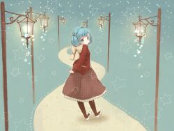 Rule 34 | 1girl, alternate hair length, alternate hairstyle, arm behind back, asahi (pamuko), blue eyes, blue hair, blush, bow, cable knit, flats, from behind, hatsune miku, lamppost, lantern, long sleeves, looking back, nail polish, pantyhose, path, plaid, plaid skirt, road, scarf, scarf bow, short hair, skirt, smile, solo, star (symbol), starry background, twintails, vocaloid