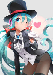 Rule 34 | 1girl, absurdres, aira (exp), aqua hair, black hat, black suit, blowing, blue eyes, bow, commentary, cowboy shot, formal, frilled shirt, frills, gloves, hair bow, hat, hatsune miku, headphones, heart, highres, leaning forward, long hair, magician (module), miracle paint (vocaloid), one eye closed, pantyhose, ponytail, project diva (series), shirt, solo, striped, striped bow, suit, top hat, very long hair, vocaloid, white gloves, white shirt