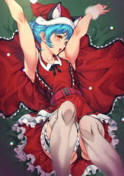 Rule 34 | 1girl, animal ear fluff, animal ears, armpits, arms up, belt, blue cat (precure), blue hair, breasts, cat ears, collarbone, hat, highres, looking at viewer, lying, medium breasts, on back, open mouth, orange eyes, precure, red belt, red hat, red skirt, santa hat, short hair, skirt, solo, star twinkle precure, sugarbeat, thighhighs, white thighhighs, yuni (precure)