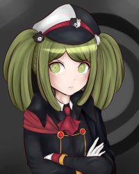 Rule 34 | 1girl, bear hair ornament, black background, black headwear, black jacket, blush, child, closed mouth, collared jacket, crossed arms, danganronpa (series), danganronpa 3 (anime), danganronpa another episode: ultra despair girls, female focus, gloves, gradient background, green eyes, green hair, grey background, hair ornament, highres, jacket, long hair, long sleeved jacket, looking at viewer, matching hair/eyes, multicolored clothes, multicolored headwear, official alternate costume, red headwear, red neckwear, solo, swastika, towa monaca, twintails, upper body, white gloves, white headwear